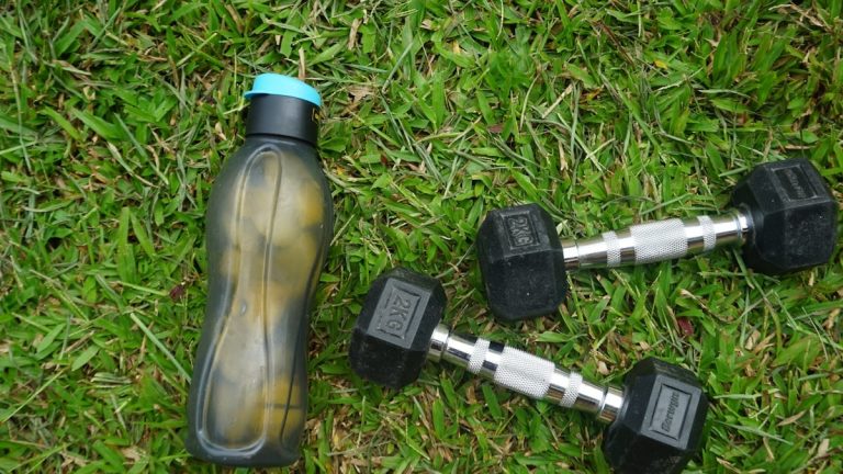 2 black and gray dumbbells on green grass